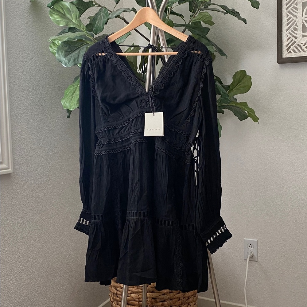 All Saints | Women's Xanthe Lace-Trimmed Long Sleeve Mini Dress – US Size 6 - Picture 4 of 10